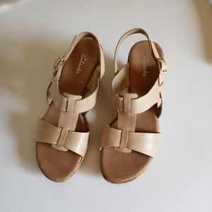 Clarks Cork Leather Taupe Wedge Sandals